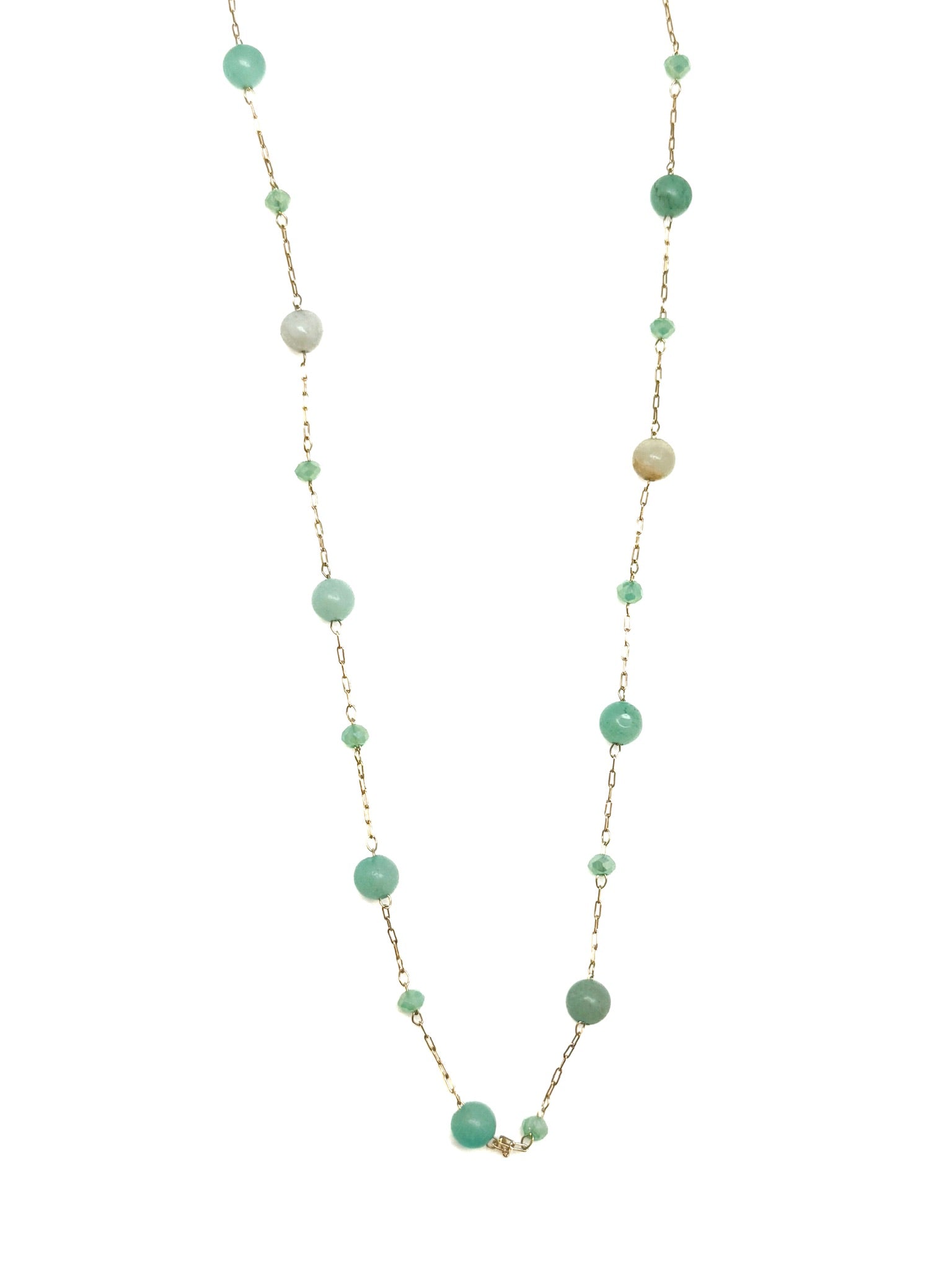 Delicate gold chain necklace with scattered light green, mint, and sea-glass toned beads, displayed on white background.