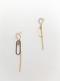 elianna abstract earrings. gold with loop, paperclip, chain and crystal.
