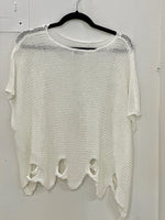 Detail of Vanda white sweater scalloped hem with circular twist cut-outs 