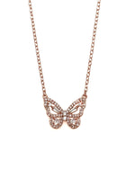 Rose gold butterfly necklace on a white background