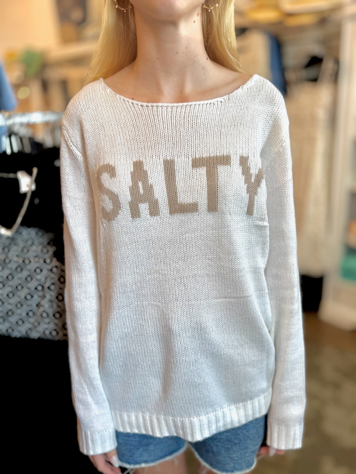 Front of Salty Sweater in White 