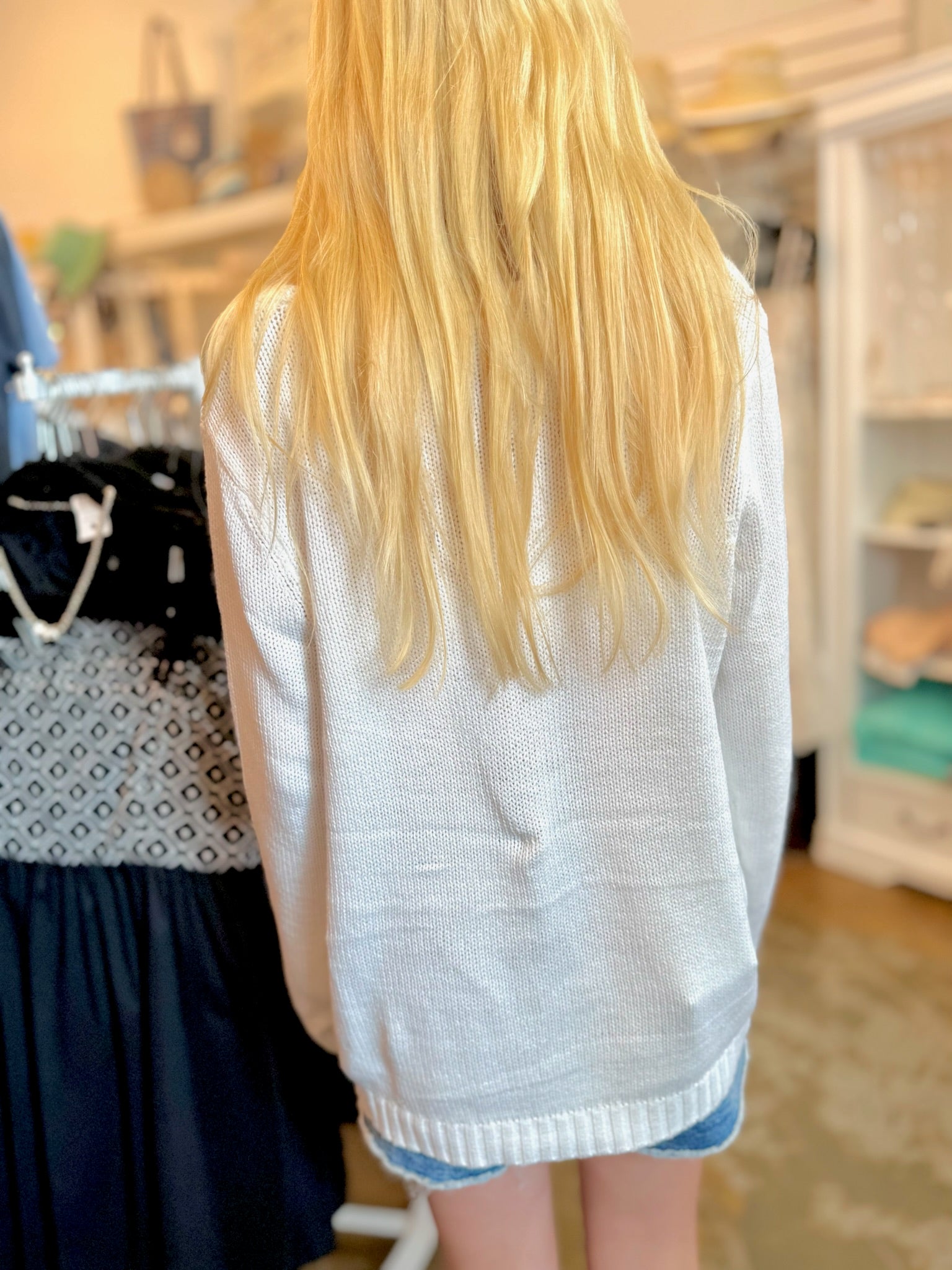 Back of Salty Sweater in White 