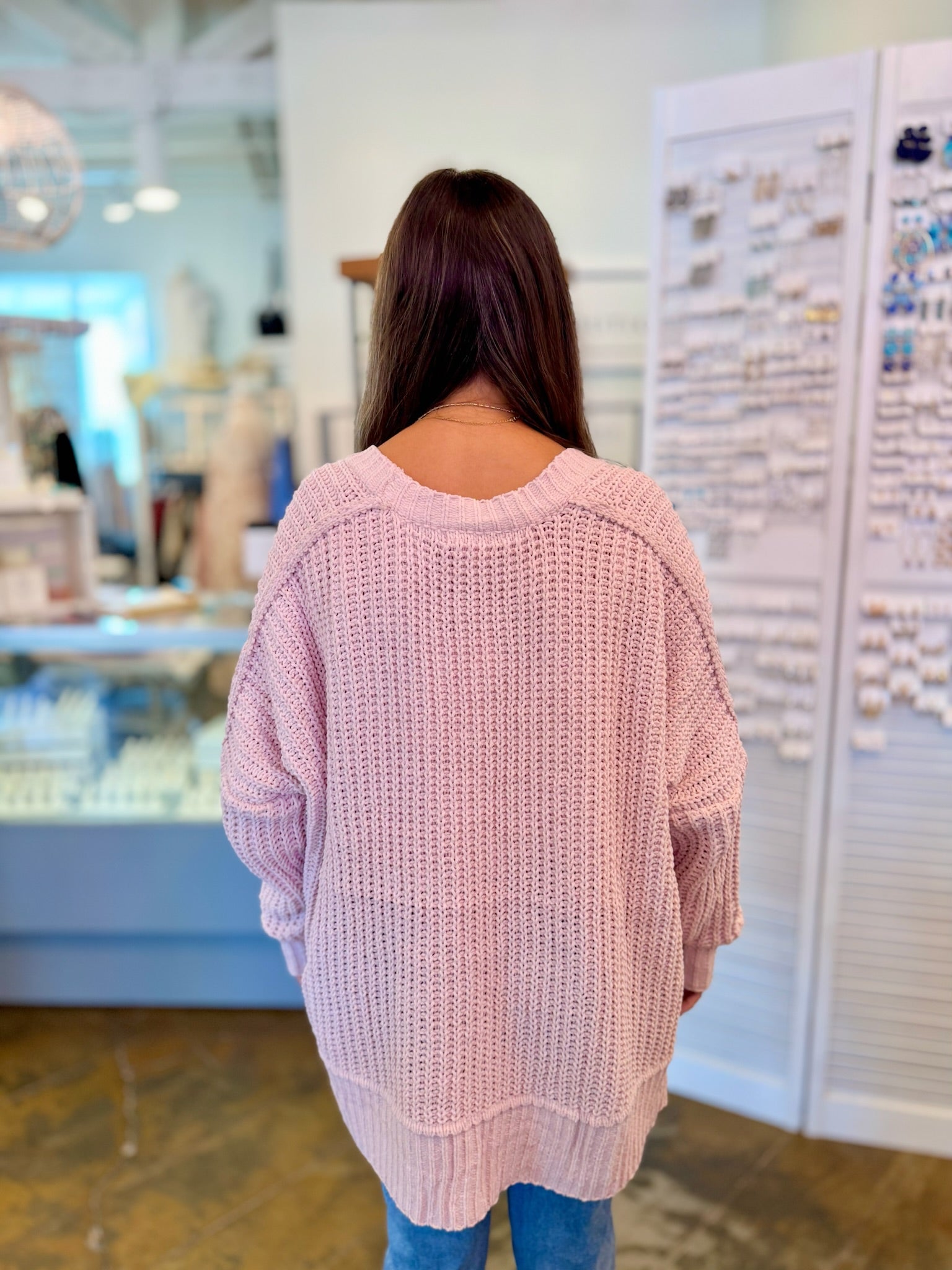 Back of Rosalie cardigan in pink 