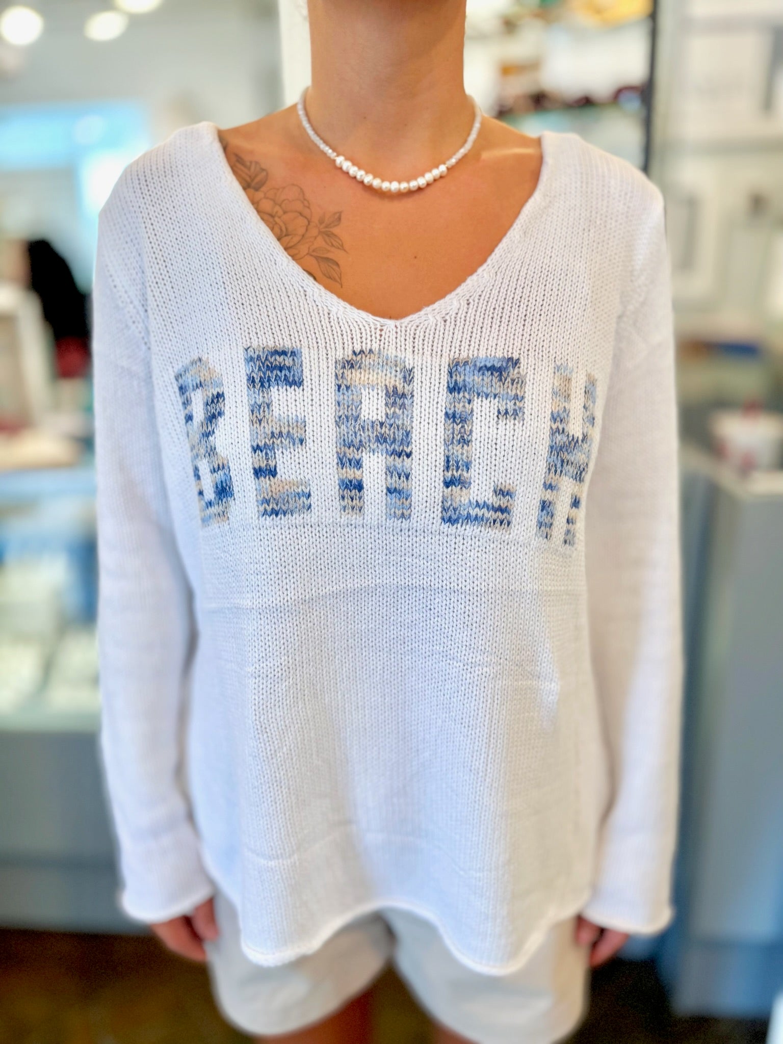 Front of Beach Sweater in Blue & White