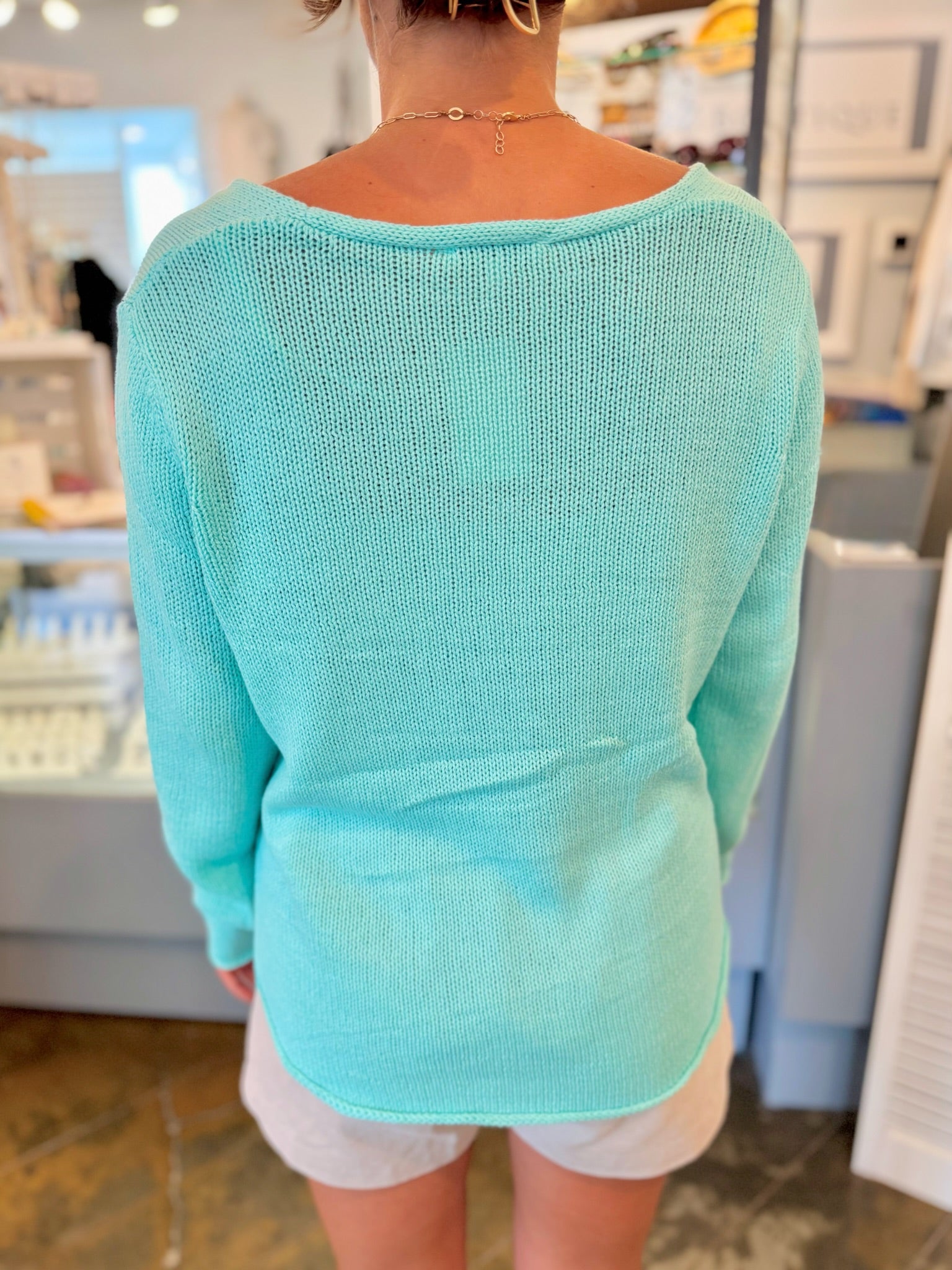 Back of Beach Sweater in Teal