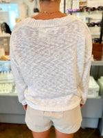 Back view of a textured white knit sweater, shown over beige shorts in a boutique setting. 