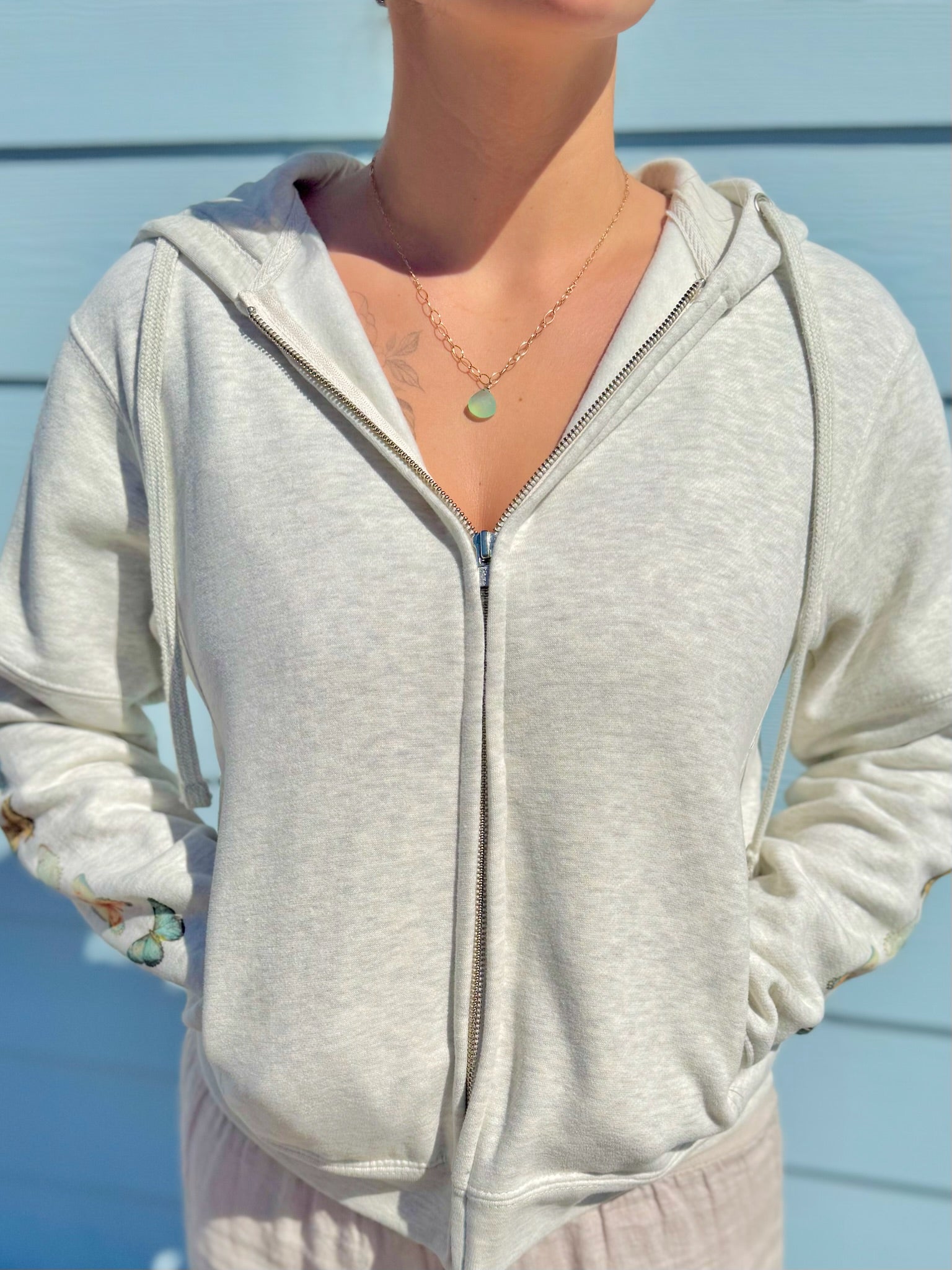 Person wearing a light gray hoodie with butterflies on sleeve  blue background
