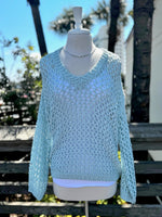 Soft aqua blue open knit sweater with a V-neckline, long sleeves and relaxed fit at Ardor Boutique.