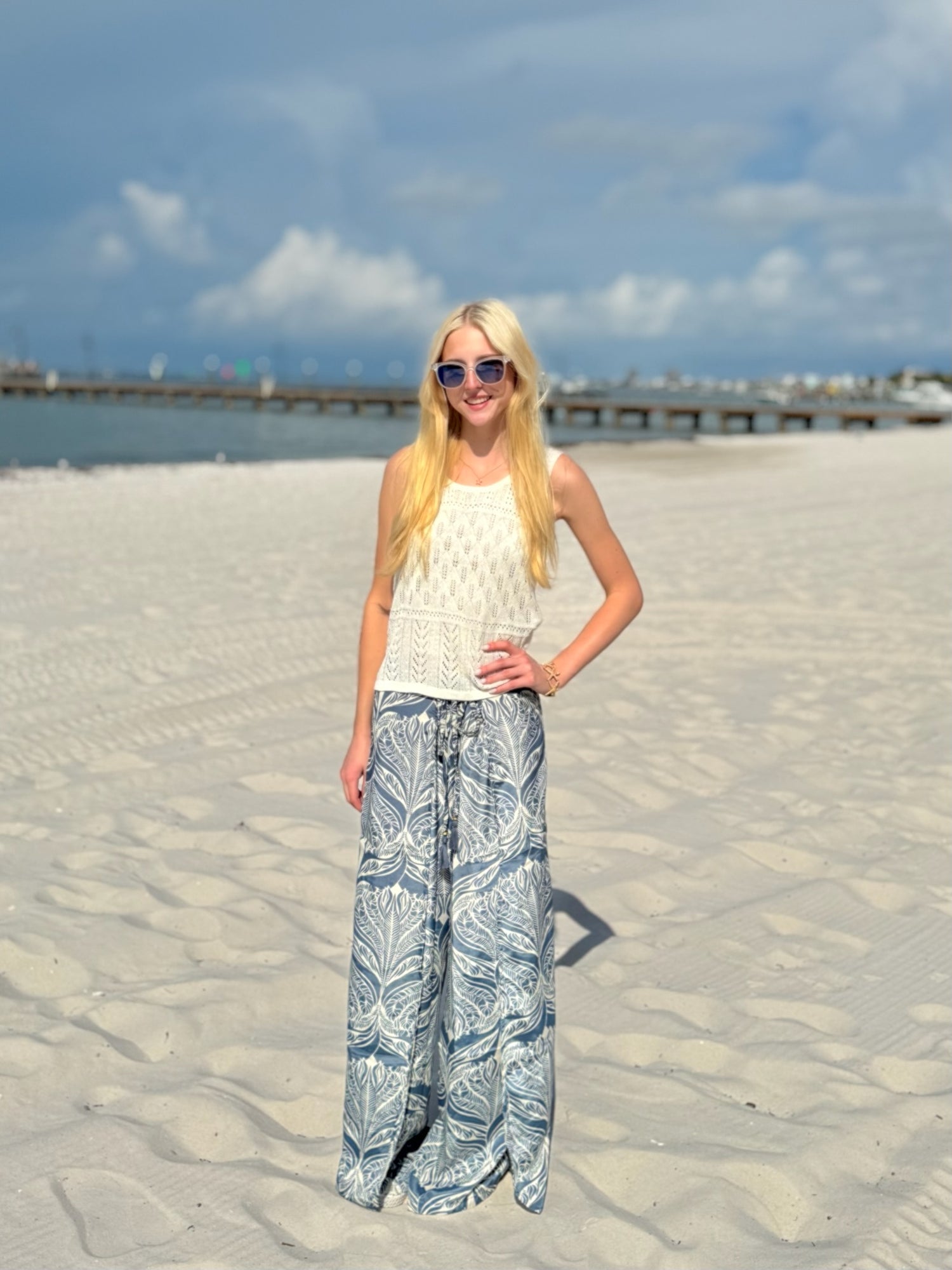 Pansy Pants in dusty blue being worn