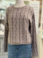 Brown cable knit sweater on a mannequin with a blurred indoor background
