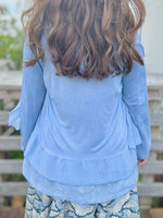 Long blue cardigan back view
