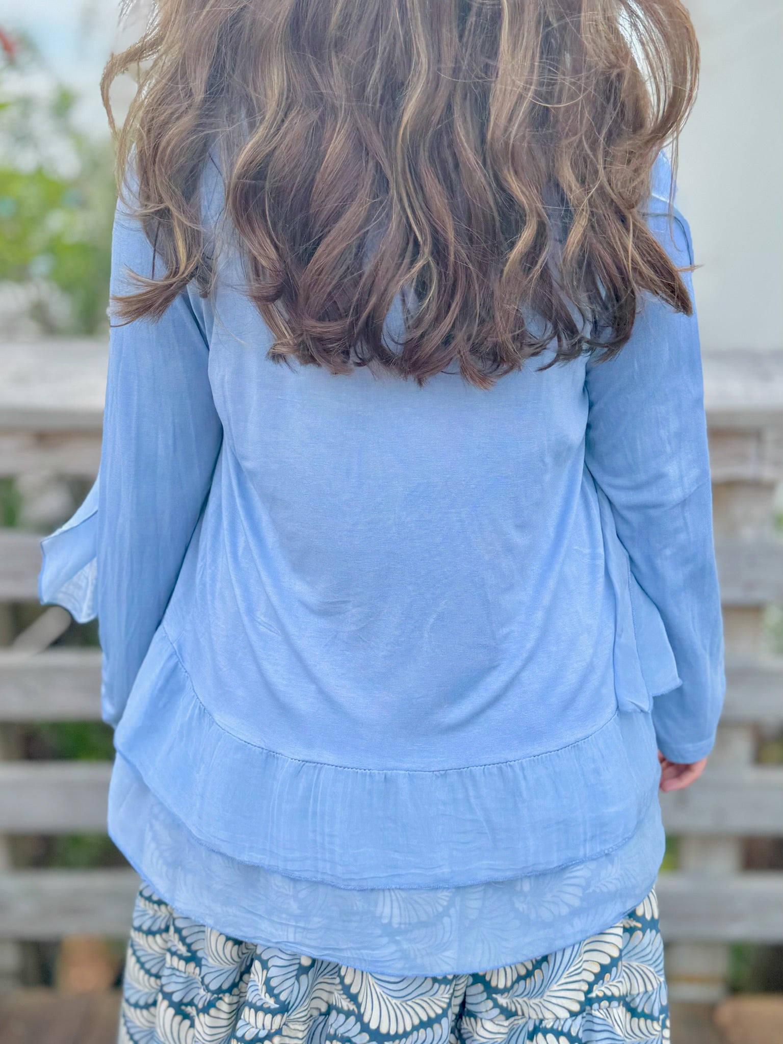 Long blue cardigan back view