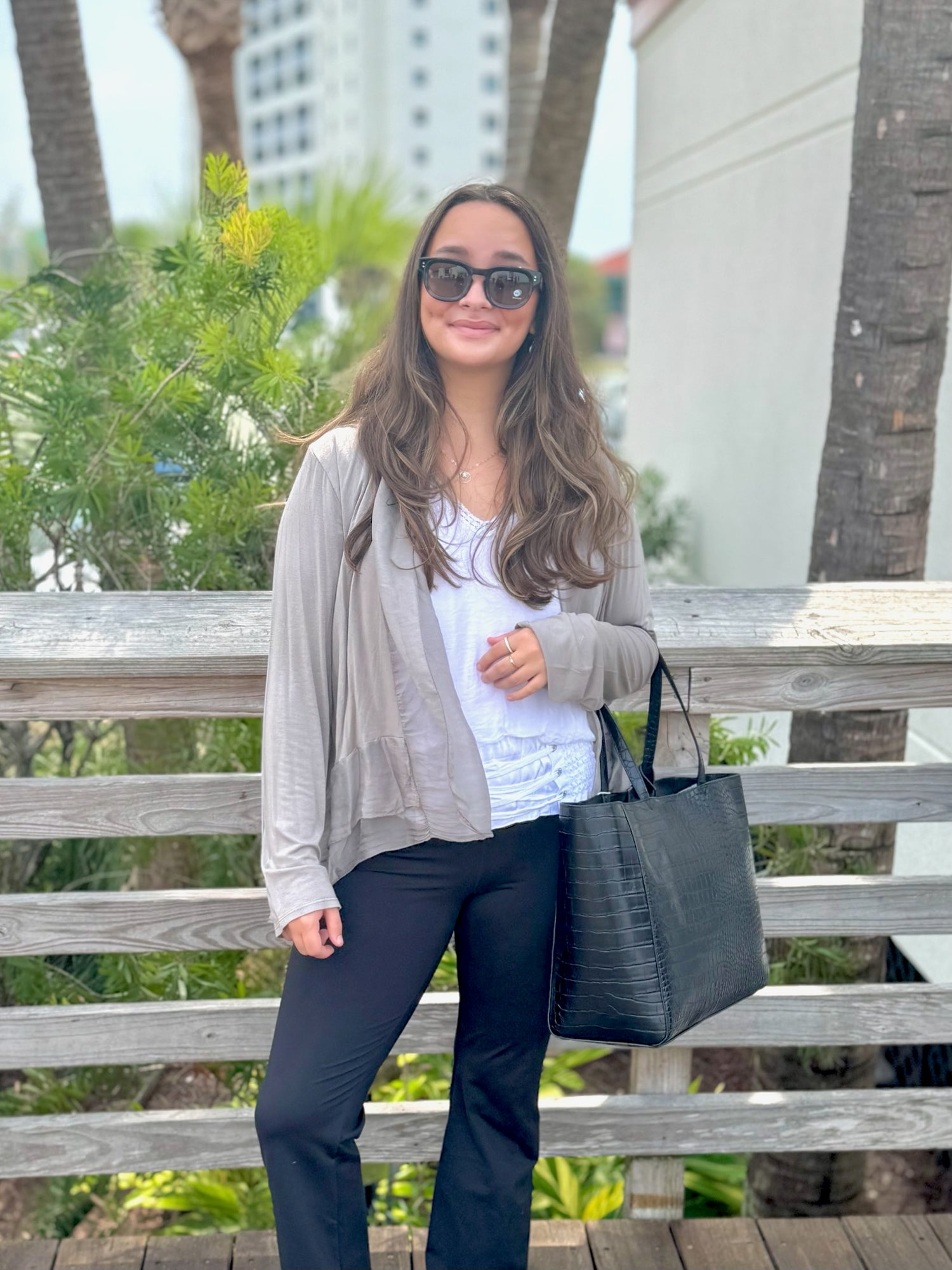 Long taupe cardigan outfit