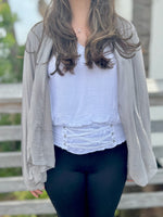 Long taupe cardigan front view