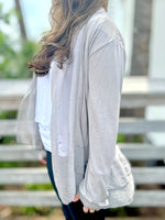 Long taupe cardigan side view