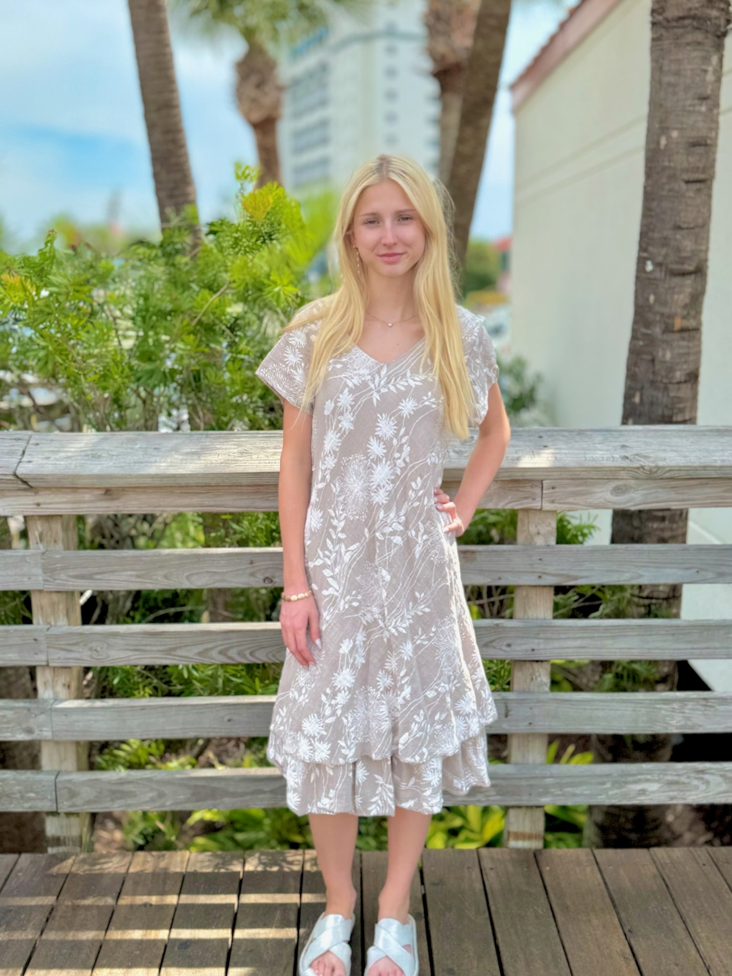 Misty floral dress in beige front view