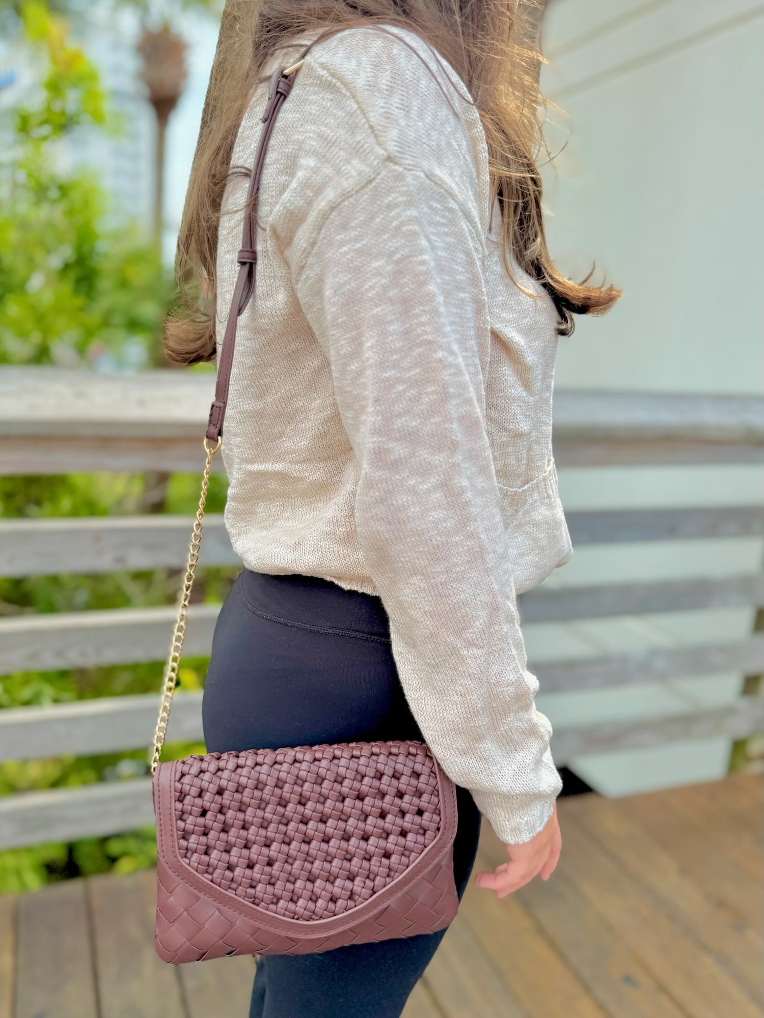 Korinne crossbody in espresso being worn