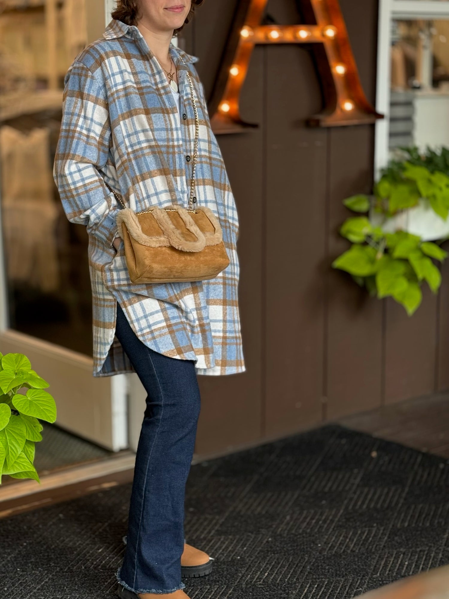 Cammie Plaid Shacket in blue and camel