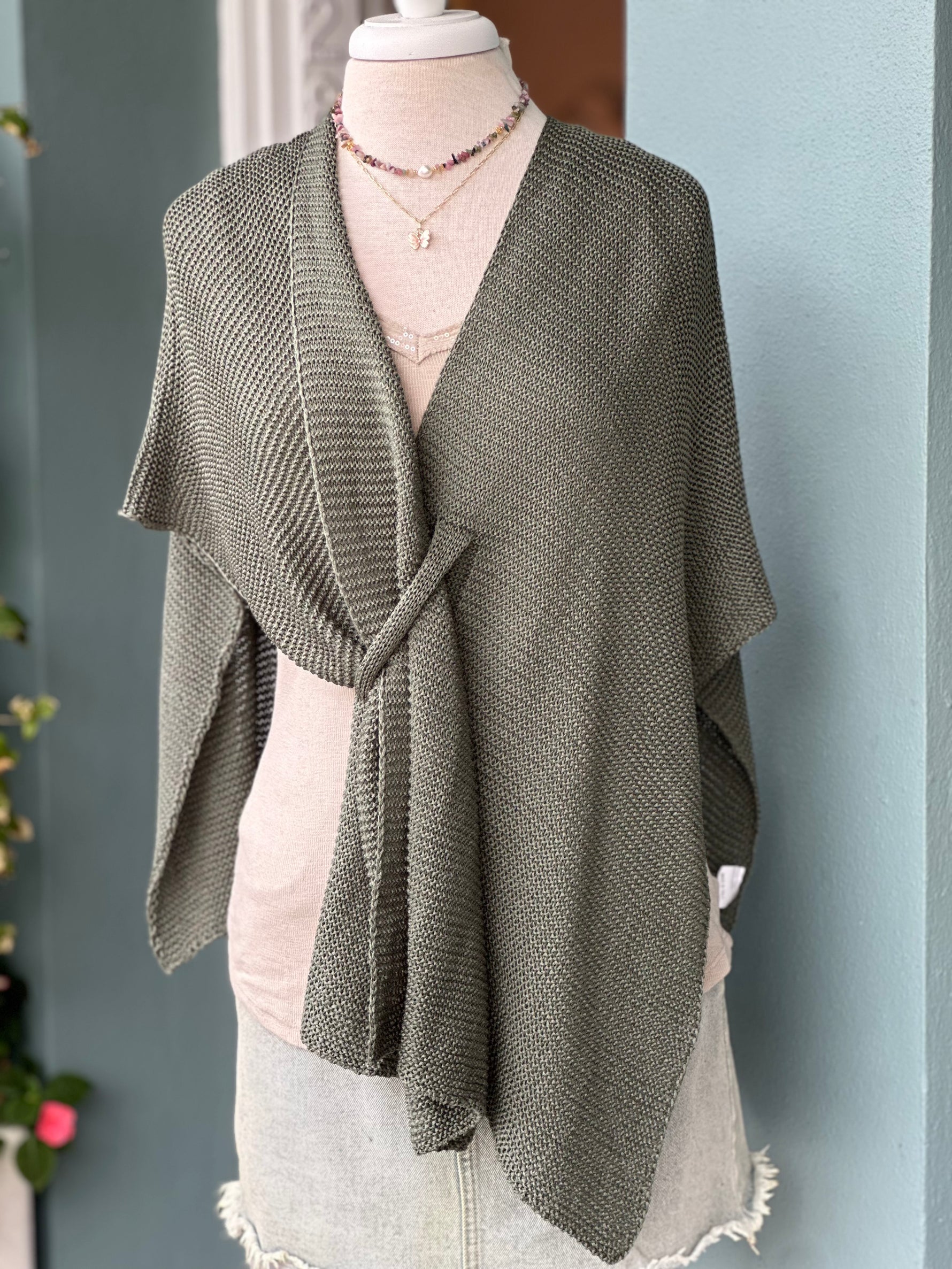 Olive green knit Italian wrap shown styled
