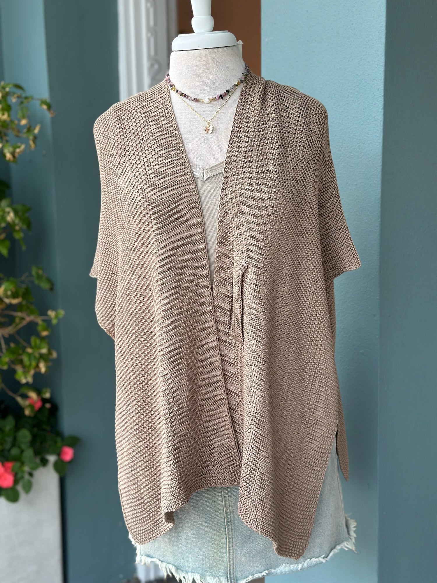 Elise wrap in color warm sand shown paired with gold and tourmaline jewelry 