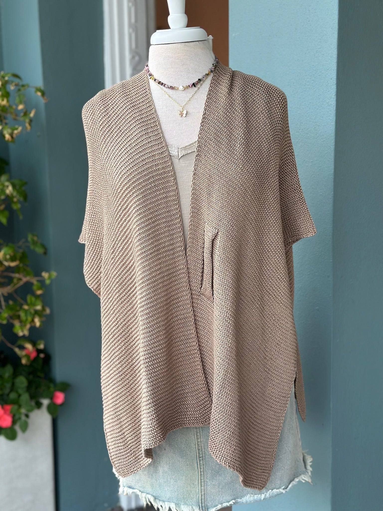 Elise wrap in color warm sand shown paired with gold and tourmaline jewelry 
