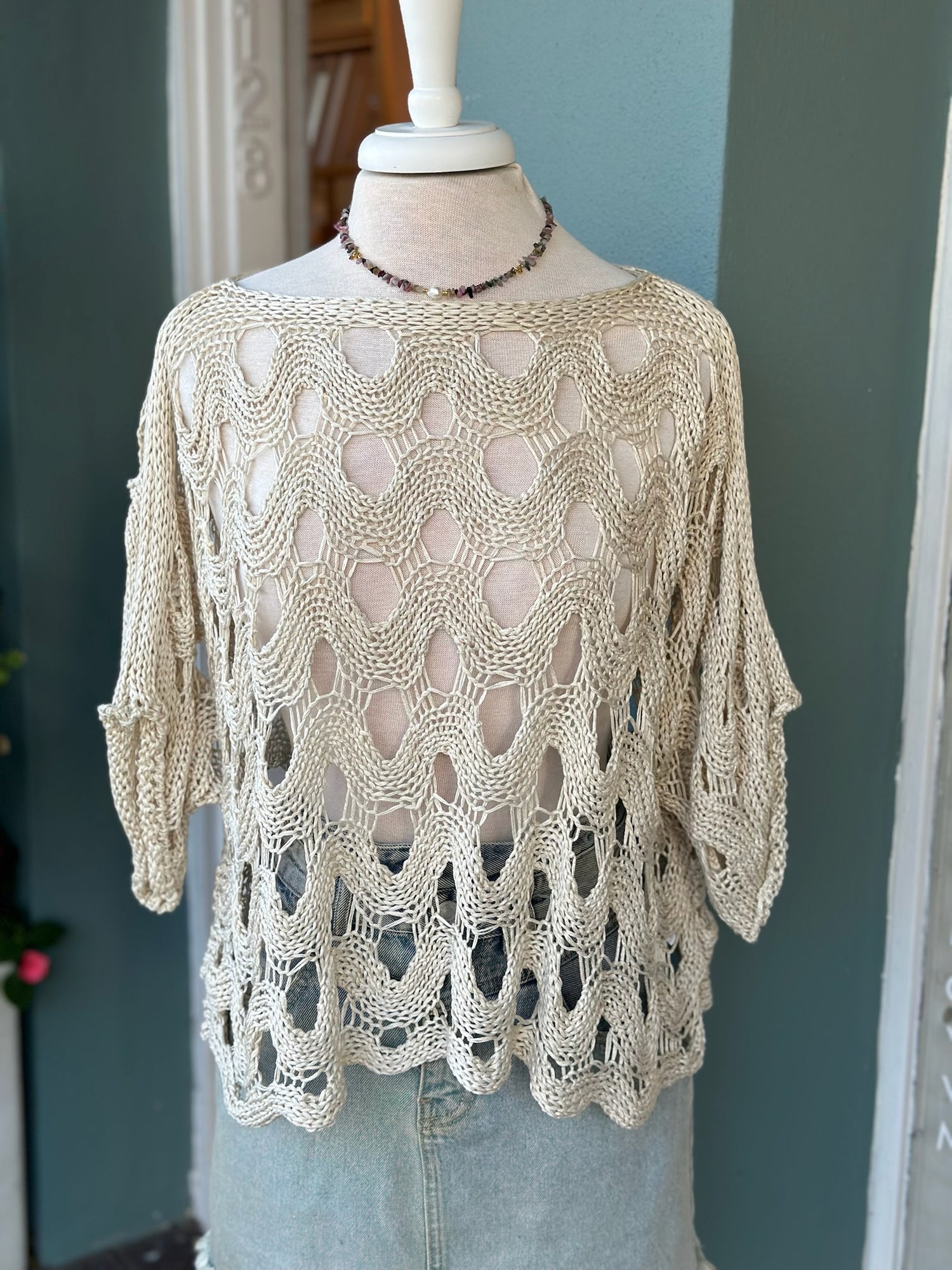Maeve crochet lightweight sweater for layering and transitional weather 