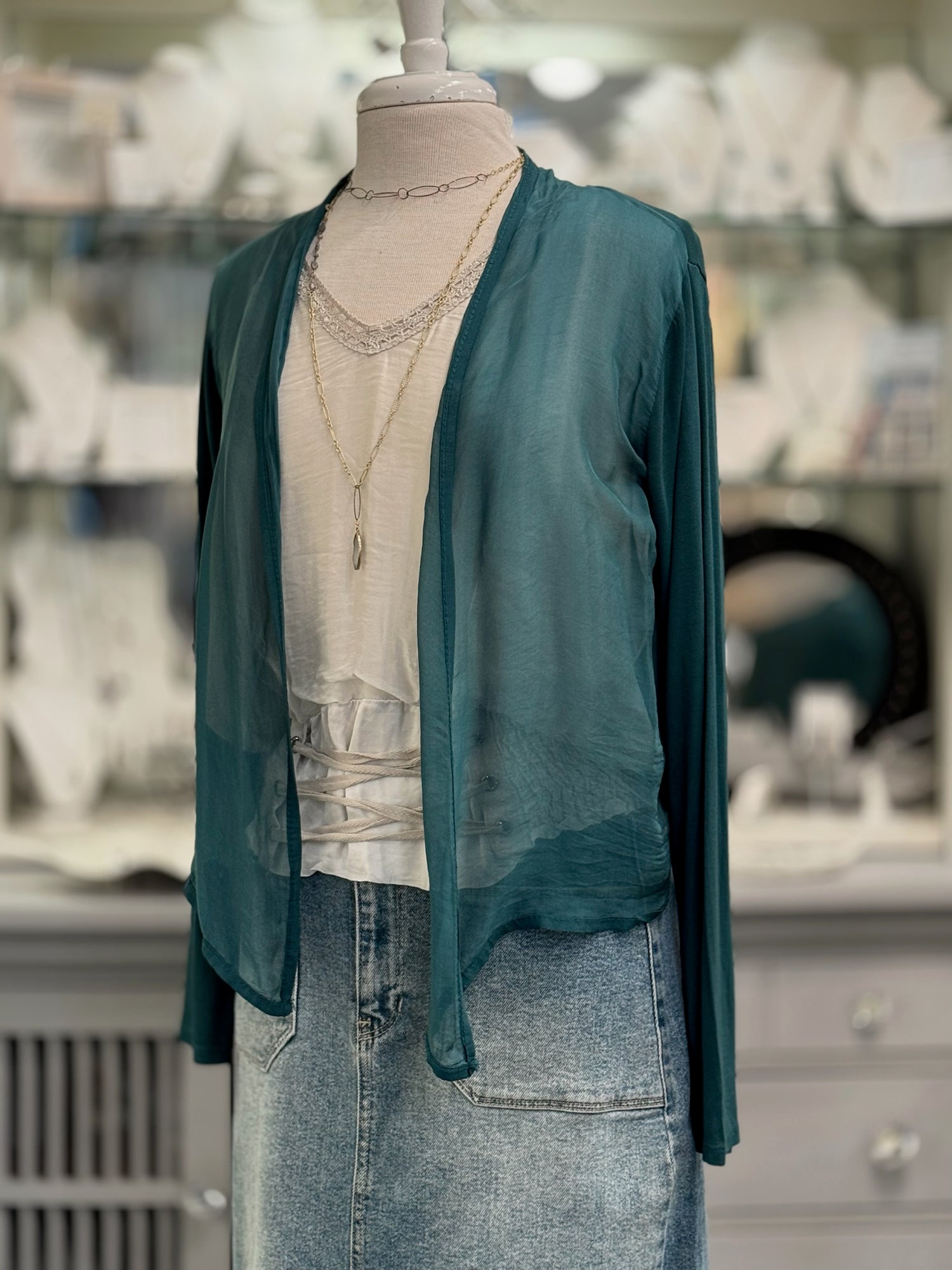 Chloe Silk Cardigan in Peacock Green
