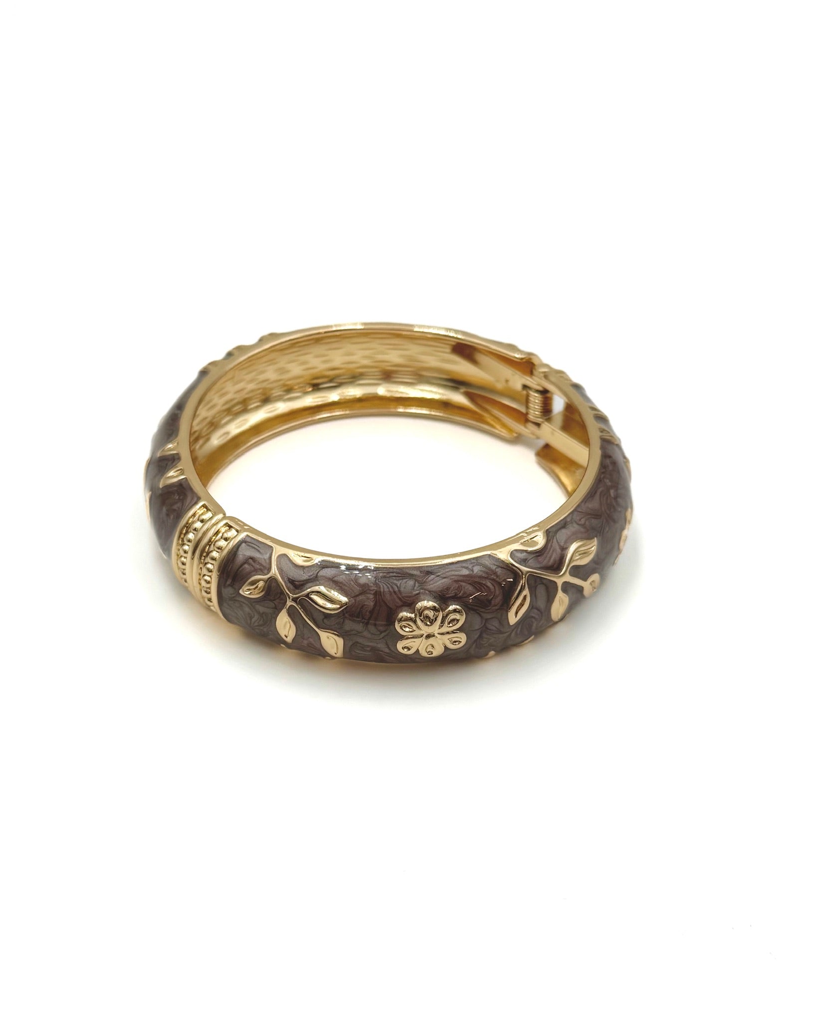Elise Floral Bangle in brown and gold from Ardor Boutique, shown on a white background