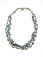 necklace featuring amazonite gemstones and freshwater pearls on a white background