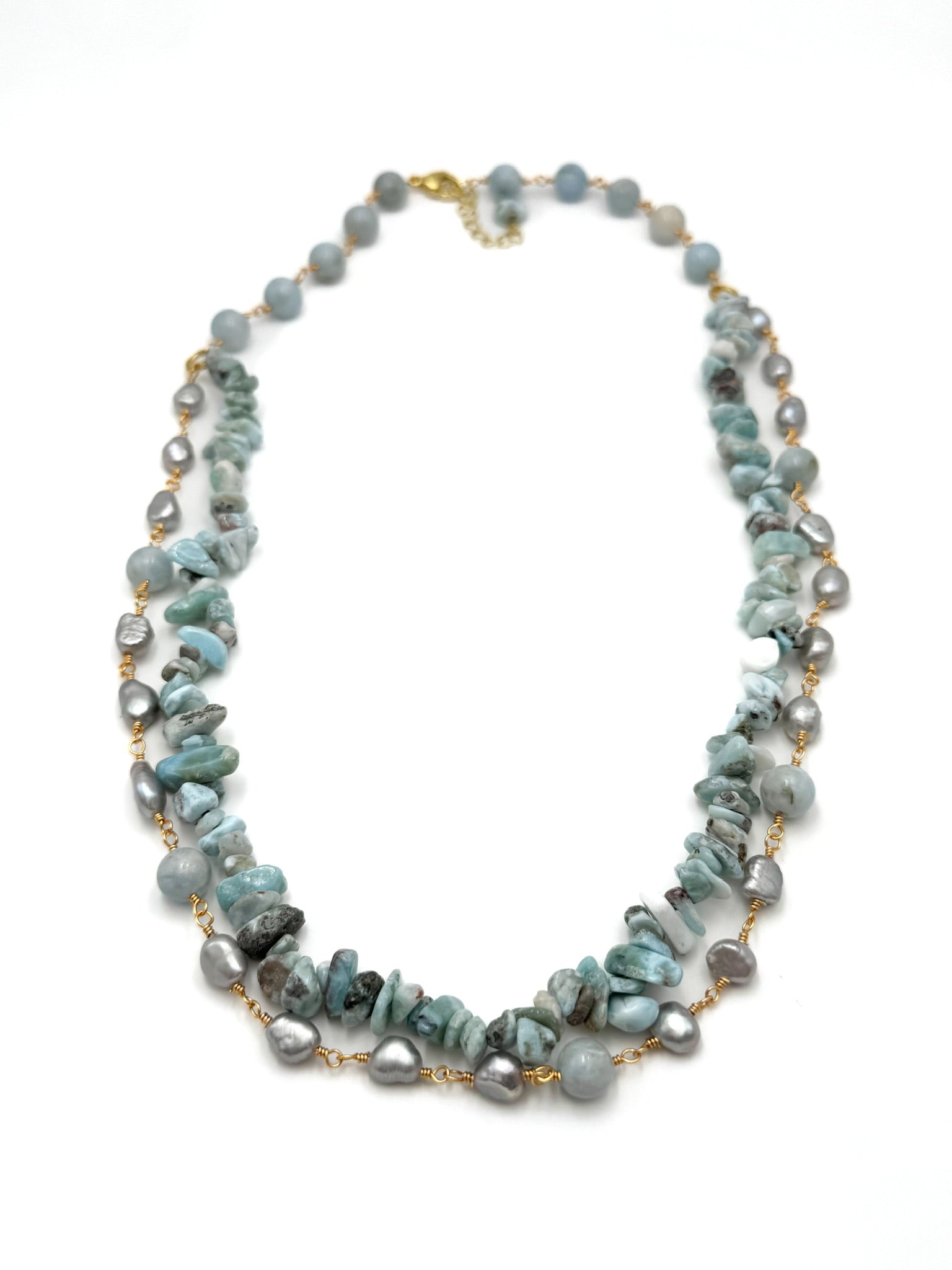 necklace featuring amazonite gemstones and freshwater pearls on a white background