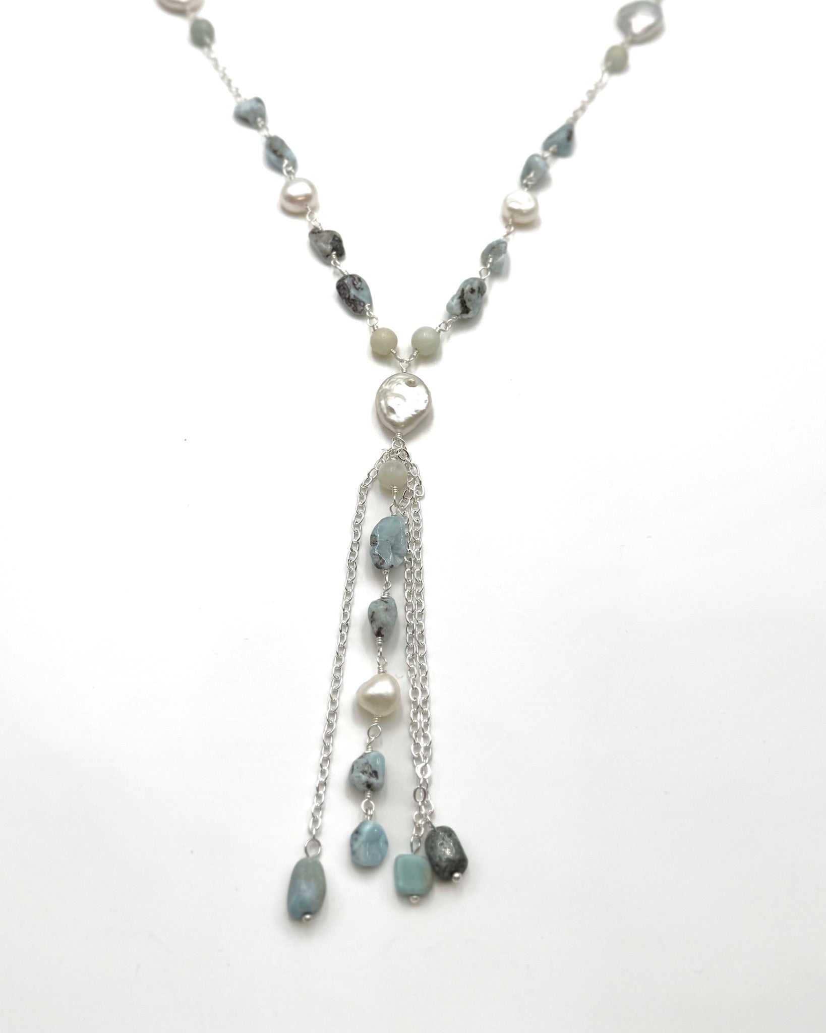 Colette amazonite and freshwater pearl necklace against a white background