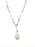 Sofia Biwa Pearl and Amazonite Necklace on a white background, beaded Y-shaped chain with freshwater Biwa pearl pendant, adjustable 18.75–21 inches.
