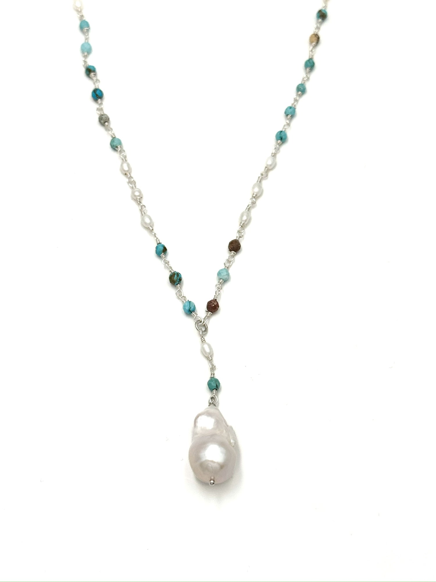 Sofia Biwa Pearl and Amazonite Necklace on a white background, beaded Y-shaped chain with freshwater Biwa pearl pendant, adjustable 18.75–21 inches.