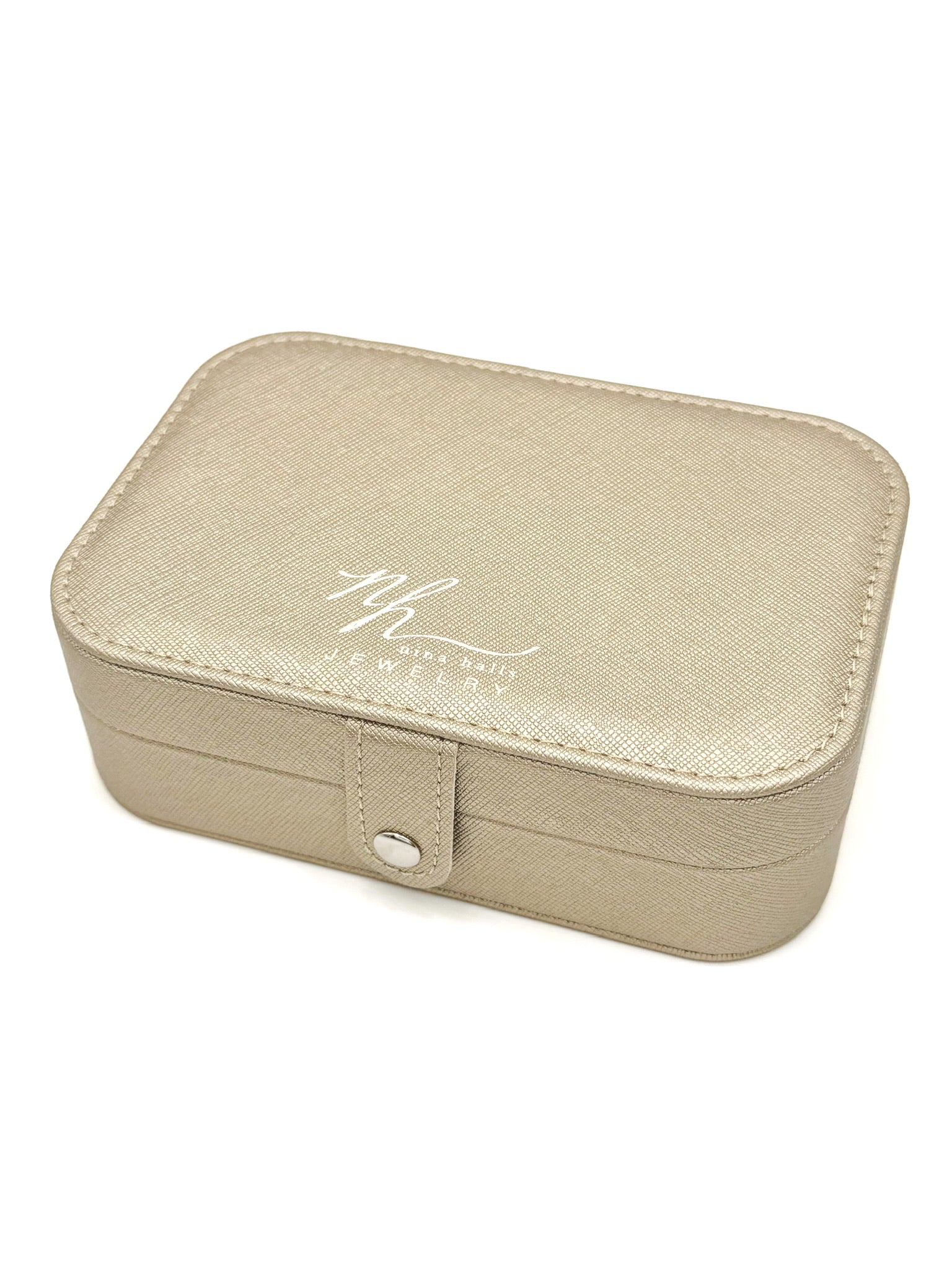 Closed gold Elizabeth Jewelry Case with Nina Halls Jewelry logo, shown on a clean white background.