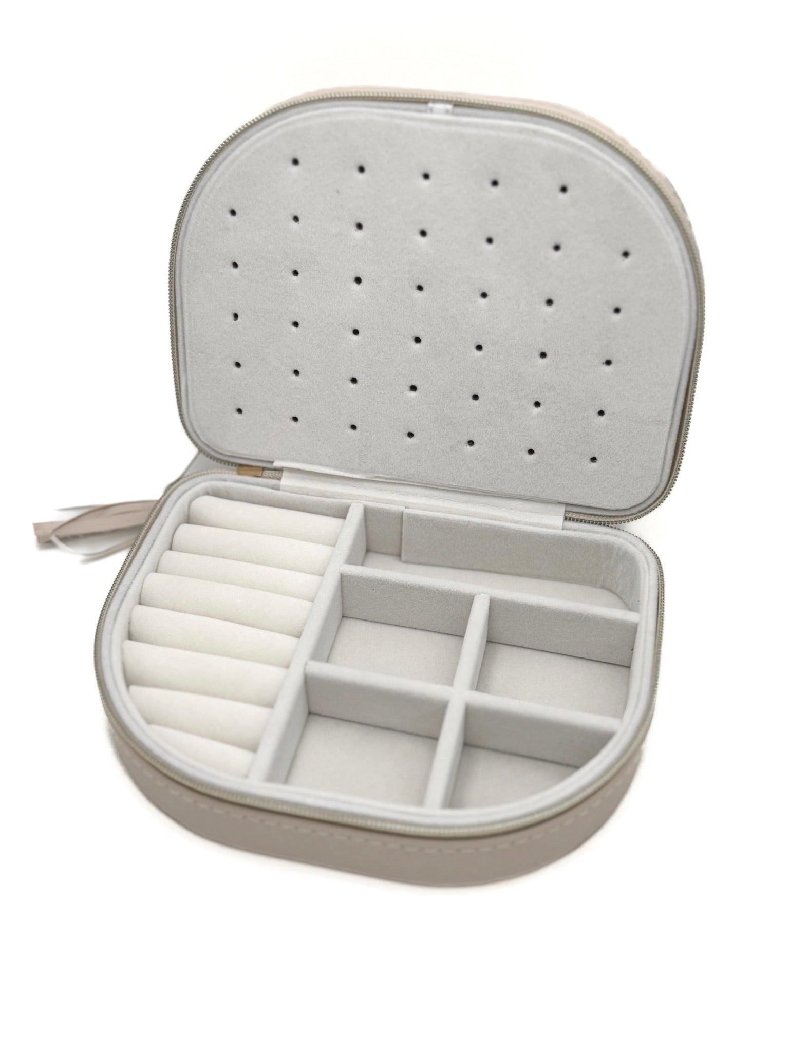 Open Victoria Curved Jewelry Case showing ring rolls, divided compartments, and a soft interior for organized jewelry storage.