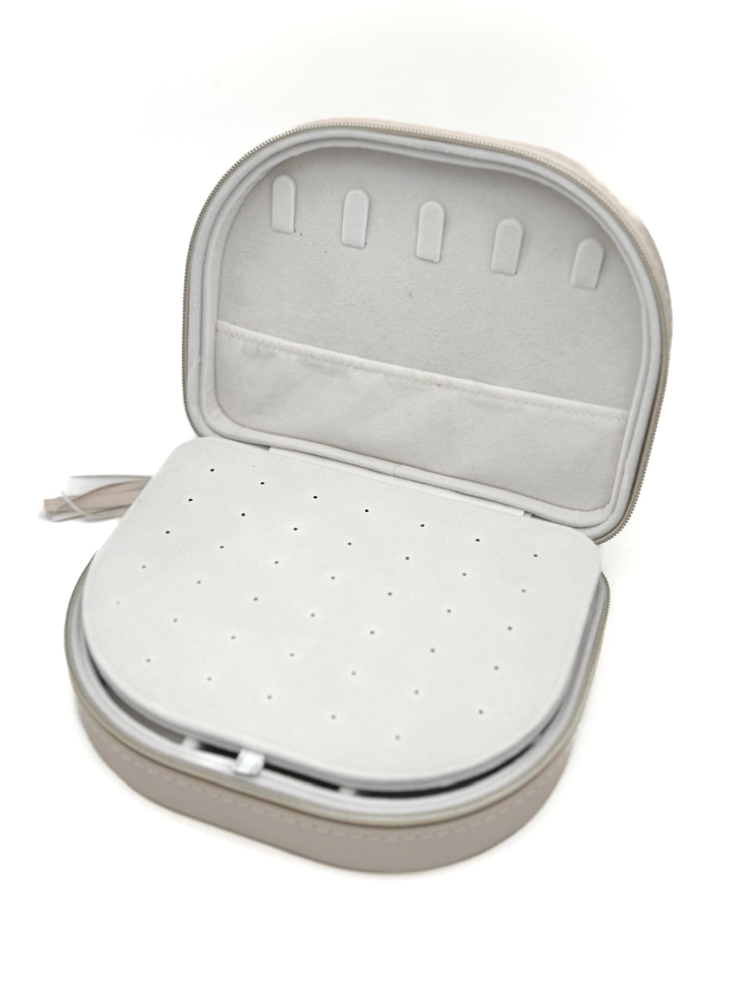 Victoria Curved Jewelry Case with the lift-up earring panel open, revealing hidden necklace storage and soft interior pockets.