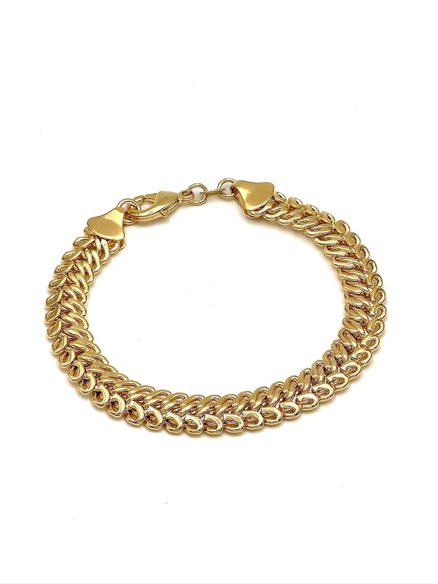 Benthany bold gold-tone woven link bracelet with decorative end caps and lobster clasp arranged in a circle on a white background