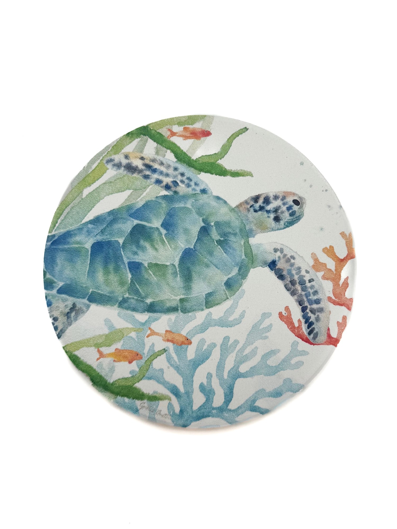 Round coaster with a turtle design on a white background
