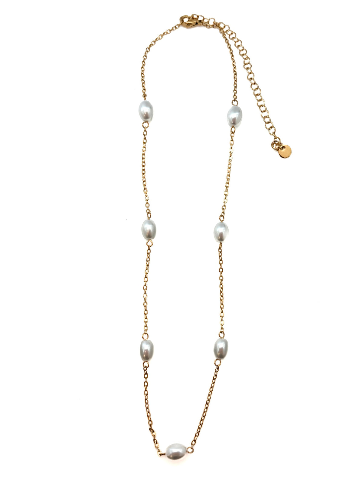 Paislee Pearl Necklace featuring delicate spaced pearls on a gold-tone chain