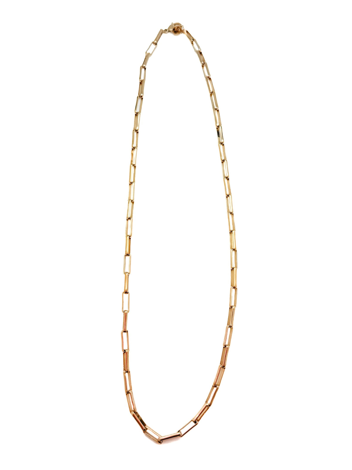 Gold rectangular link chain necklace.
