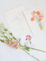 Floral card with a bouquet of flowers and greenery on a white background