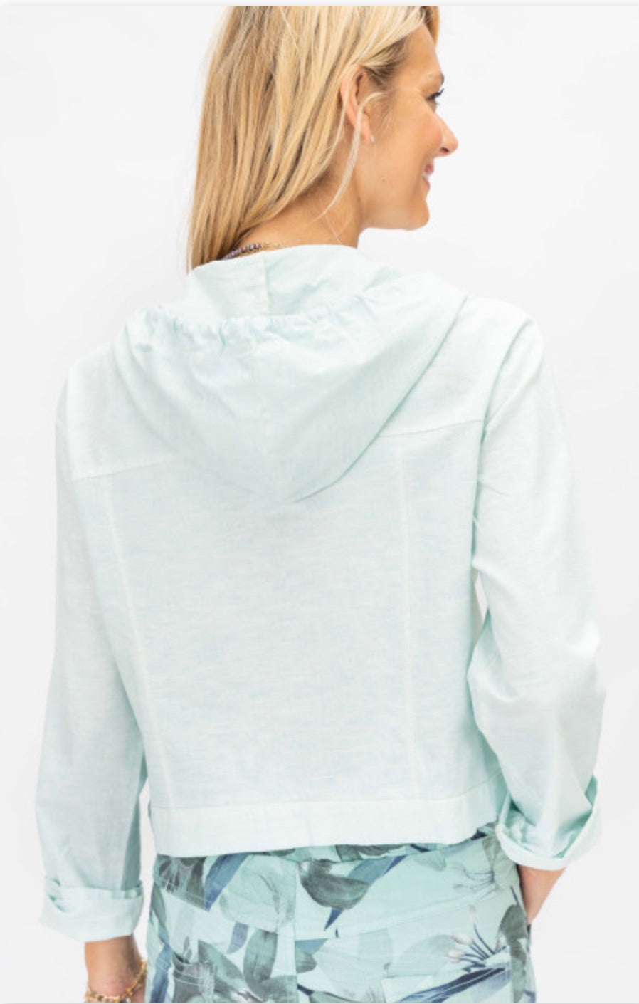 Seafoam linen blend hooded jacket styled with botanical print drawstring pants