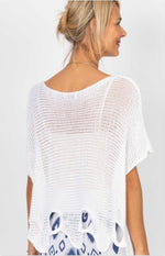 Back view of Vanda white Italian open knit sweater with airy crochet texture and relaxed draped fit