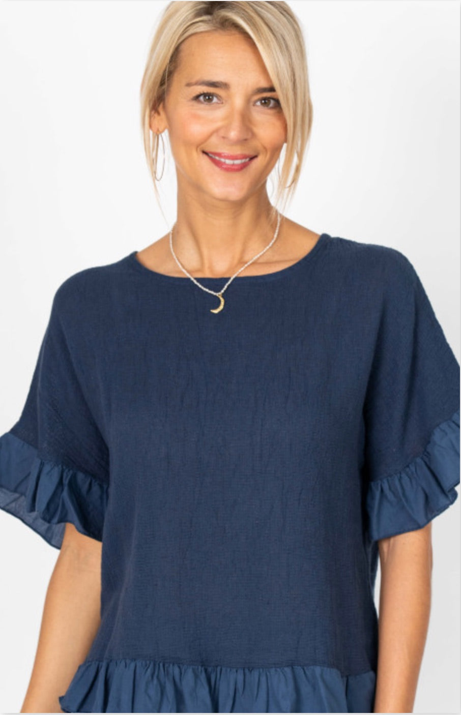 Jillian Italian Linen Ruffle Top in Navy