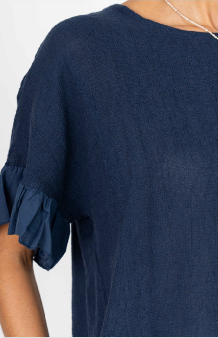 Jillian Italian Linen Ruffle Top in Navy