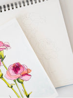Artistic illustration of pink flowers on a white background