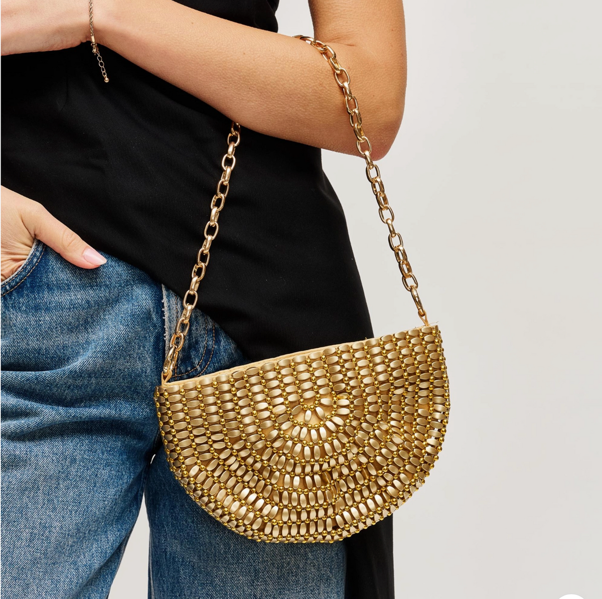 Gold beaded handbag with chain strap, Ardor Boutique. 
