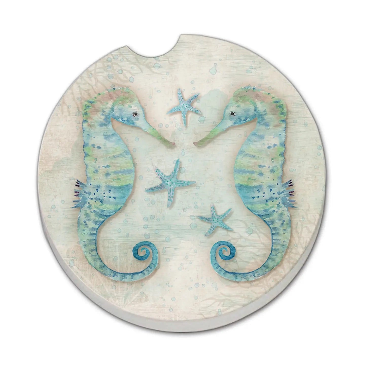 Sea Horses Car Coaster with watercolor-style seahorses and starfish design