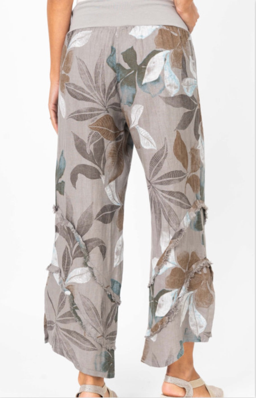 Back view of the Catherine Linen Pants in mocha floral highlighting the relaxed fit and allover leaf print.