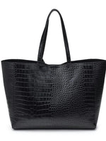 Black crocodile-patterned tote bag on a white background